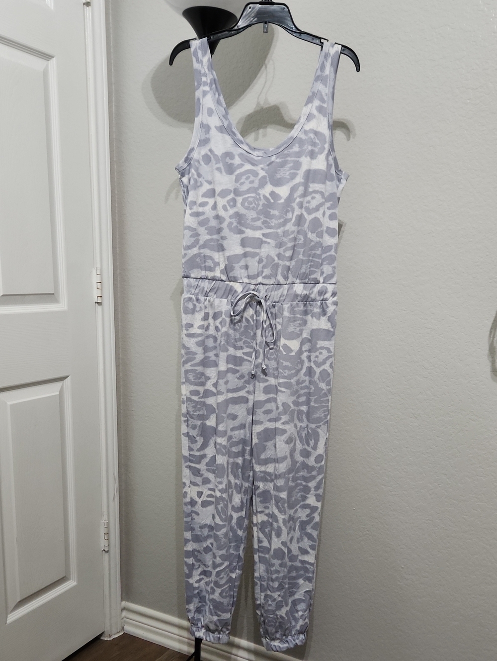 Maronie Gray Leopard Print Sleeveless Jumpsuit Romper with Adjustable Drawstring